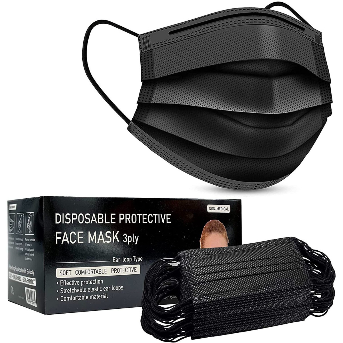 Black Disposable Breathable Triple Layer Face Masks - Box 50