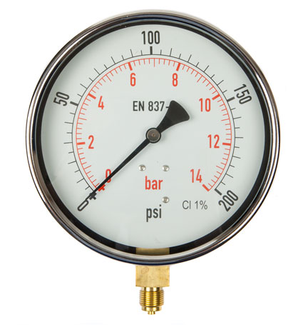 6" Dial Pressure Gauge 0-200 psi/bar 3/8" BSP Bottom Conn.