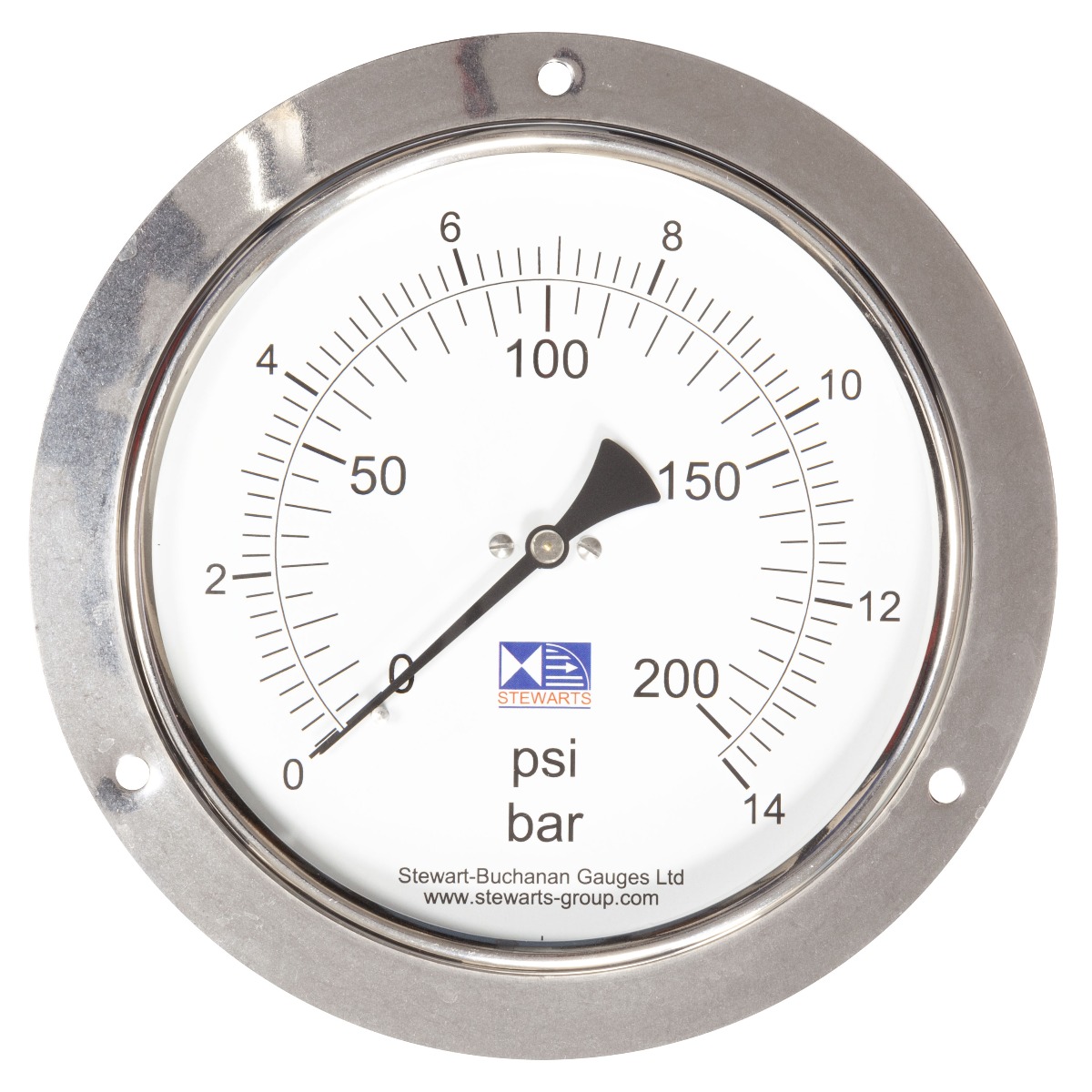 6"Front Flange Pressure Gauge 0-200psi/bar3/8"BSP Back Conn.